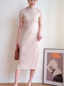 7876 Pleated Cheongsam Dress Miyake Half High Neck Slim Side Split Chinese Summer One Size (45-75kg)
