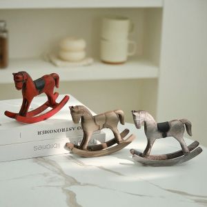 GUTUN Nordic Retro Wooden Rocking Horse Hand Carved Wooden Craft Desk Decor Creative Design Wooden Horse Animal Figurines Living Room