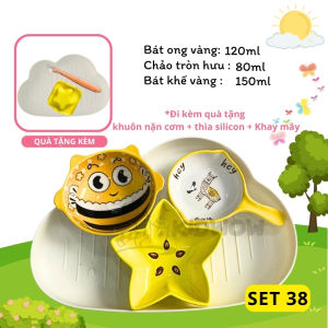 [TẶNG THÌA SILICON+ KHUÔN CƠM+ KHAY MÂY] Bộ Bát Sứ Ăn Dặm Cho Bé Siêu Đáng Yêu