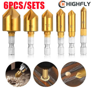 6 Pcs Countersink Drill Bit Set 1/4 Hex Shank HSS 5 Flute Countersink 90 Degree Wood Chamfering Cutter Chamfer 6mm-19mm