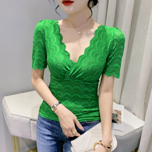 REHIN เสื้อยืดลูกไม้แขนสั้นสำหรับผู้หญิงเสื้อเบลาส์แฟชั่นลูกไม้คอวีขนาดเล็ก