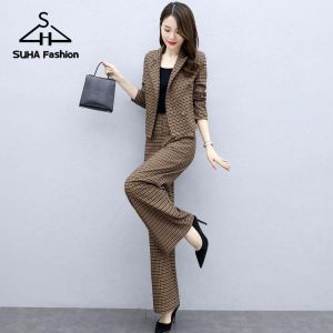 high waist pants for women SUHA square terno business casual attire office outfit korean beach formal t coordinates womens plus size Short sleeve plaid coat suit Korean style㏇X0411