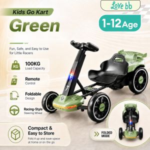 Beige Kids Remote Control Go Kart Ride On Racing Vehicle Built-in Music Safety Belt Adjustable Speed For Boys Girls Foldable Rechargeable Outdoor