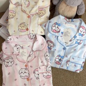 Kawaii Chiikawa Hachiware Summer Pink Striped Thin Cotton Pajamas Short Sleeve Lapel Student Loungewear Usagi Cute Anime Toys