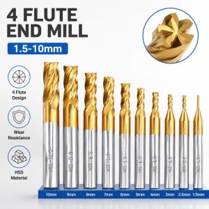 NOBLEE Titanium Coated End Mill 1.5-10mm Four-Flute End Milling Cutter Aluminum Mill CNC Mill Wood Cutting