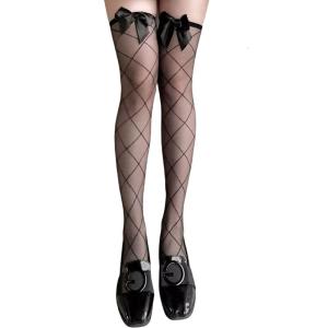 Tất bằng lụa trên đầu gối cho phụ nữ họa tiết hình thoi Sheer tất dài cao tới đùi với Bowknot giọng đồ lót Hàng dệt kim