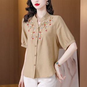 LUCKIN STORE Vintage Embroidered Shirt Top 2026 Summer New Embroidery Button Blouses High end Cotton Linen Top