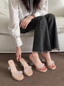 2025 Summer New Rhinestone Transparent Crystal Heel Sandals For Women Summer Strap Sandals With A High-End Feel Chunky Heel Slippers
