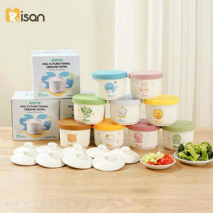 Hũ sứ ăn dặm cho bé Misan 250ml chia vạch có nắp sứ và silicon - Bát ăn dặm cho bé