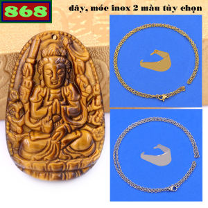 Mặt dây chuyền Phật Thiên thủ thiên nhãn đá mắt hổ 2.2 x 3.6cm 2.9 x 4.5cm kèm vòng cổ dây chuyền inox + móc inox Phật bản mệnh Quan âm bồ tát