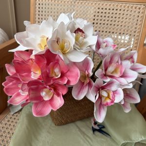 NOBLELYN Decorative Artificial Cymbidium Flowers Long Branches Magnolia Simulated Orchid Bouquet Real Touch Artificial Faux Plants Wedding Decoration