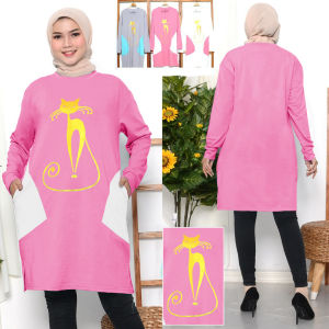 tunik bahan baby terry spandeks katun all size kombinasi kantong gambar kucing emas tunik muslimah atau dress ukuran XL putihabufantatosca