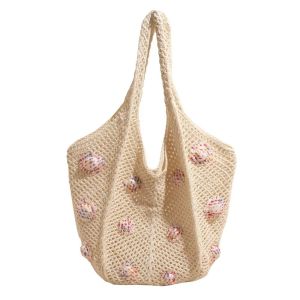 LANGJ ความจุขนาดใหญ่ กระเป๋าชายหาดทอ ลัทธิขี้เกียจ หวาน กระเป๋าสะพายไหล่โครเชต์ ลำลอง แบบเจาะรู กระเป๋าช้อปปิ้ง สาวๆ