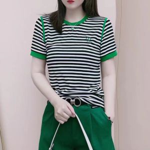 Free Shipping Internet Celebrity New Style Round collar Short Sleeve Women Stripe T-shirt Plus Size Fit and thin Middle age mother Casual Tops Ladies blouse Versatile Tees