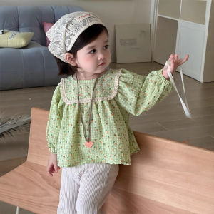 Childrens Spring Outfit Korean Style Baby Clothes Lace Doll Shirt Bell-Bottom Pants Two-Piece Spring Set for Girls