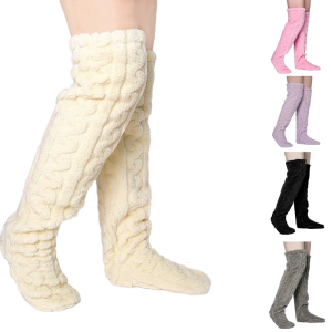 Winter Thick Fleece Warm Over Knee Stockings Leg Warmers for Women Solid Color Cable Pattern Thigh High Slipper Socks