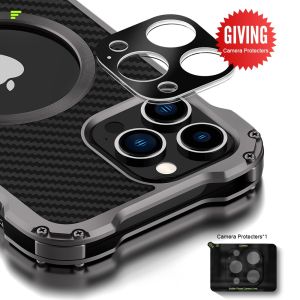 R-JUST Carbon Fiber Matal Case For iphone 16 15 14 13 Mini 13 Pro Max 12 12 Pro 12 Pro Max Funda Support Magsafe Charging Camera Lens Protection
