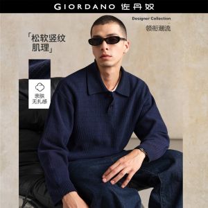 Giordano Men Vertical stripe loose polo sweater Free Shipping 18055825