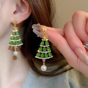 good 999 18K GOLD Korean Star studded green Christmas tree tassel pearls long Earrings ES69191