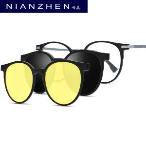 NIANZHEN TR90 Gọng kính nam giới Nam Châm Tròn Clip Kính mắt nhìn trong đêm phân cực ống kính phân cực phụ nữ siêu nhẹ Eyewear 9016