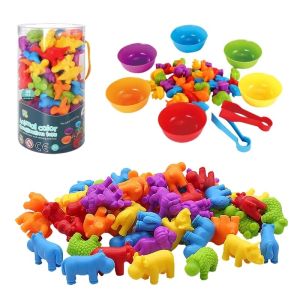 Montessori Rainbow Counting Soft Rubber Animal Sorting Bowl/ Sorting Matching Cup with Matching Montessori tweezer kids