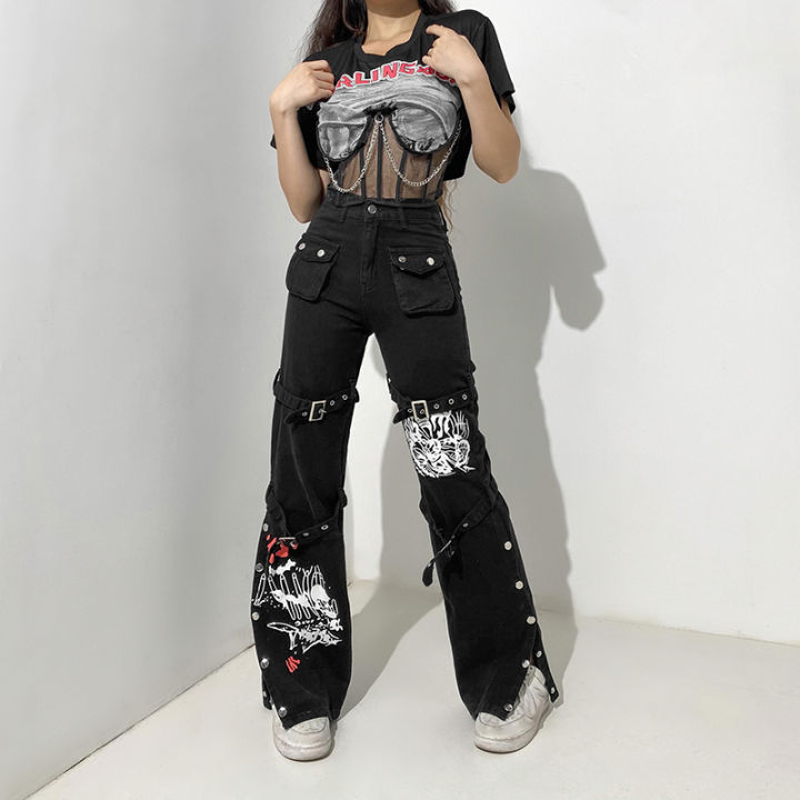 RYRJJ Women Y2K E-Girl Streetwear Low Waisted Cargo Pants Straight