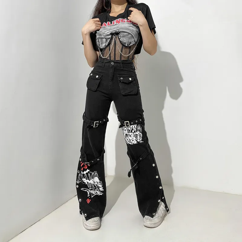 2022 Fashion Streetwear Black Women Pants High Waist Flared Jeans Y2k  Aesthetic Vintage Harajuku Stretch Capris Female Clothing