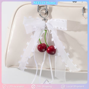 1PC Cherry Pendant Creative Phone Charms Ribbon Bow Keychain  Decoration Mesh Pearl Bow Pendant Bag Ornaments