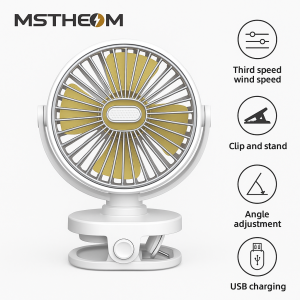 MSTHEOM Ambient Light Desk Fan - 3 Speeds USB-C Charging Clip/Stand & Angle Adjust