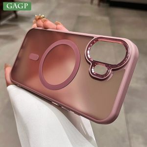 For iPhone 16 Pro Case for Magsafe Luxury Slim Matte Transparent Acrylic Metal Button Cover for iPhone 15 14 13 16 Pro Max Plus