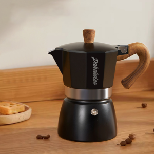 Italian Mocha Coffee Pot with Wooden Handle and Lid for Manual Brewing on Kitchen Table