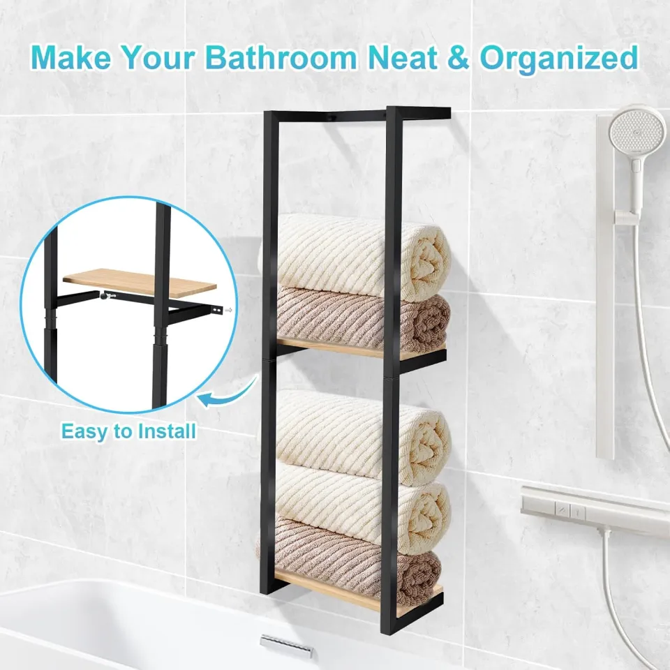 Layer Wall Mounted Towel Rack Metal Storage Rack With Wooden