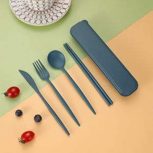 Spoon Fork Chopsticks Cutlery 4PCS/Set Wheat Straw Tableware Box Dinnerware Children Adult Travel Portable Kitchen Accessories