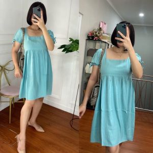 dress cantik kerah kotak karet belakang bahan rayon premium tebal