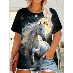 [Local Stock] ZEEMIN Horse Retro 3D Print T-Shirts Summer Animal Women Casual Short Sleeve T Shirt Streetwear Round Neck Tees Tops Female Clothing