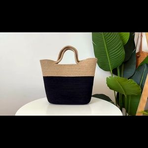 Beach Straw Tote Bag Fashion Summer Casual Retro Handle Design Cotton Rope Beach Large Capacity Beg Tangan Wanita Kapasiti Besar Hitam Handmade Ladies