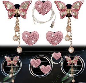 Pink Heart & Butterfly Air Vent Clips 4 Pcs Bling Heart & Butterfly Air Fresheners Vents Clips Diamond Car Interior Decor Bling Cute Pink Car Accessories Decoration for Women + Heart Mask Hook