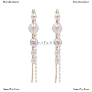[COD] SweetBabiese Dài dangle bông tai cho phụ nữ mới thời trang đầy đủ tinh thể mô phỏng ngọc trai tua thả Bông tai đồ trang sức cổ điển