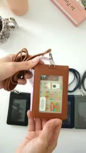 Elvanshop2: Lanyard ID Card Holder Name Tag Kulit Dua Sisi Bolak Balik Mika Kancing Dompet Kartu Identitas