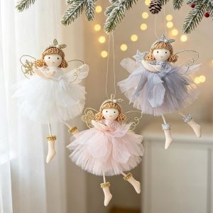 FLYING Soft Plush Material Christmas Angel Ornament Fluffy Wings Sitting Pose Angel Hanging Pendant Merry Doll Face Detail Kawaii Plush Doll Christmas Tree Decoration