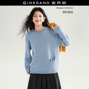 GIORDANO Women Sweaters Colorful Stitch Trim Pocket Sweaters Rolled Mock Neck Fashionable Casual Loose Sweaters 18356735