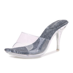 YUCHEN 3.15 inches  Mules for Women With Heels Sandals Laydis Stiletto Blue Transparent Crystal High Heeled Slippers Shoes