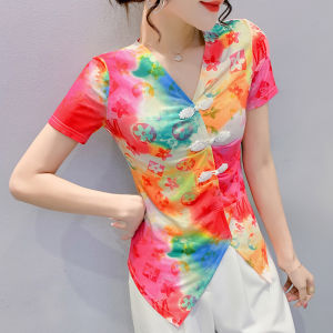 REHIN Womens top new summer fashion print short-sleeved T-shirt Retro Classics V-neck Asymmetrical design bottoming shirt
