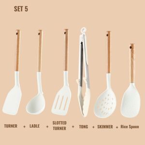 LOCAUPIN Set of Kitchen Essential Tool Silicone Cooking Utensil Wooden Handle