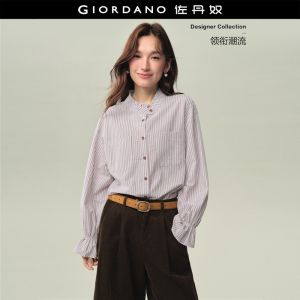 Giordano Women Striped ruffle band collar long sleeve shirt Free Shipping 18346910