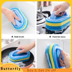 Butterfly แปรงทำความสะอาดแบบหนาพร้อมด้ามจับอุปกรณ์ทำความสะอาดฟองน้ำสำหรับห้องครัวกระเบื้องห้องน้ำฟองน้ำทำความสะอาดคราบในบ้าน
