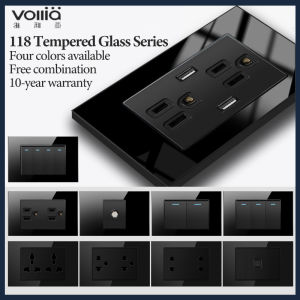 Vollia ปลั๊กไฟ 15amp สำหรับผนัง Black 1 2 3 4 Gang 1 2 Way Wall Switch for Light Universal Multiple Socket Glass Panel Board สวิตช์ไฟฟ้าและเต้ารับ 220V ไฟหรี่ที่ทันสมัย ปิด/เปิด โคมไฟ 3/6 Pin Plug Power Socket with USB Port for House