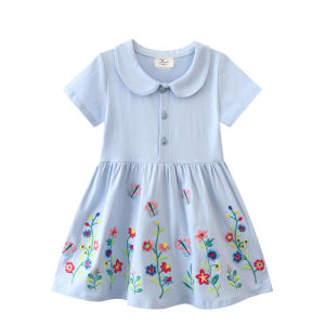 New summer collection: girls short-sleeved dress knitted cotton dress for toddlers and young girls featuring a doll collar and a princess-style design. This short-sleeved round-neck dress has three decorative buttons on the front and a fitted waist w