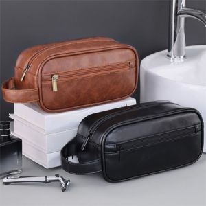 IUYJN Handheld Men Leather Wash Bag Zipper Multi Pocket Cosmetic Storage Bag Vintage Waterproof Makeup Pouch Male