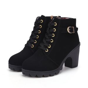 Womens Fashion Round Toe High Heel Ankle Martin Boots（Add 1 size)
